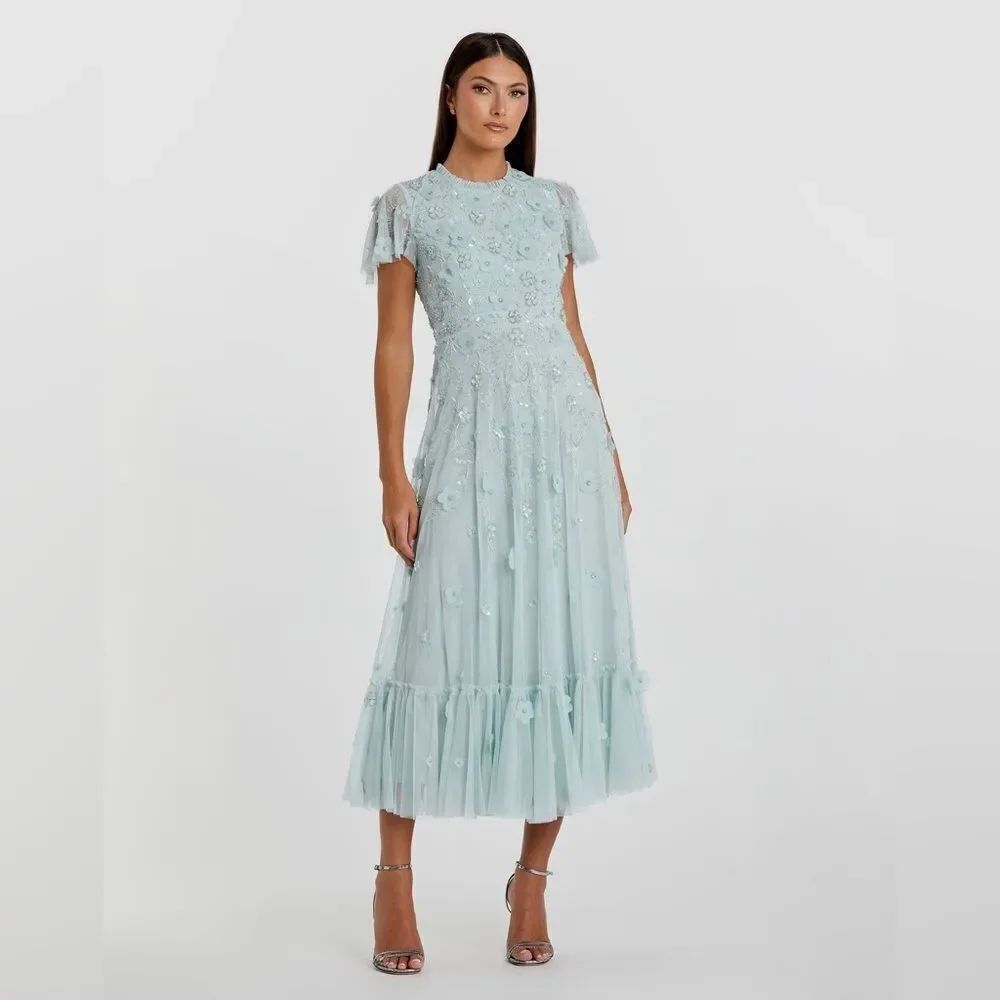 NWT Mac Duggal 9212 Embellished High Neck Cap Sleeve A Line Dress